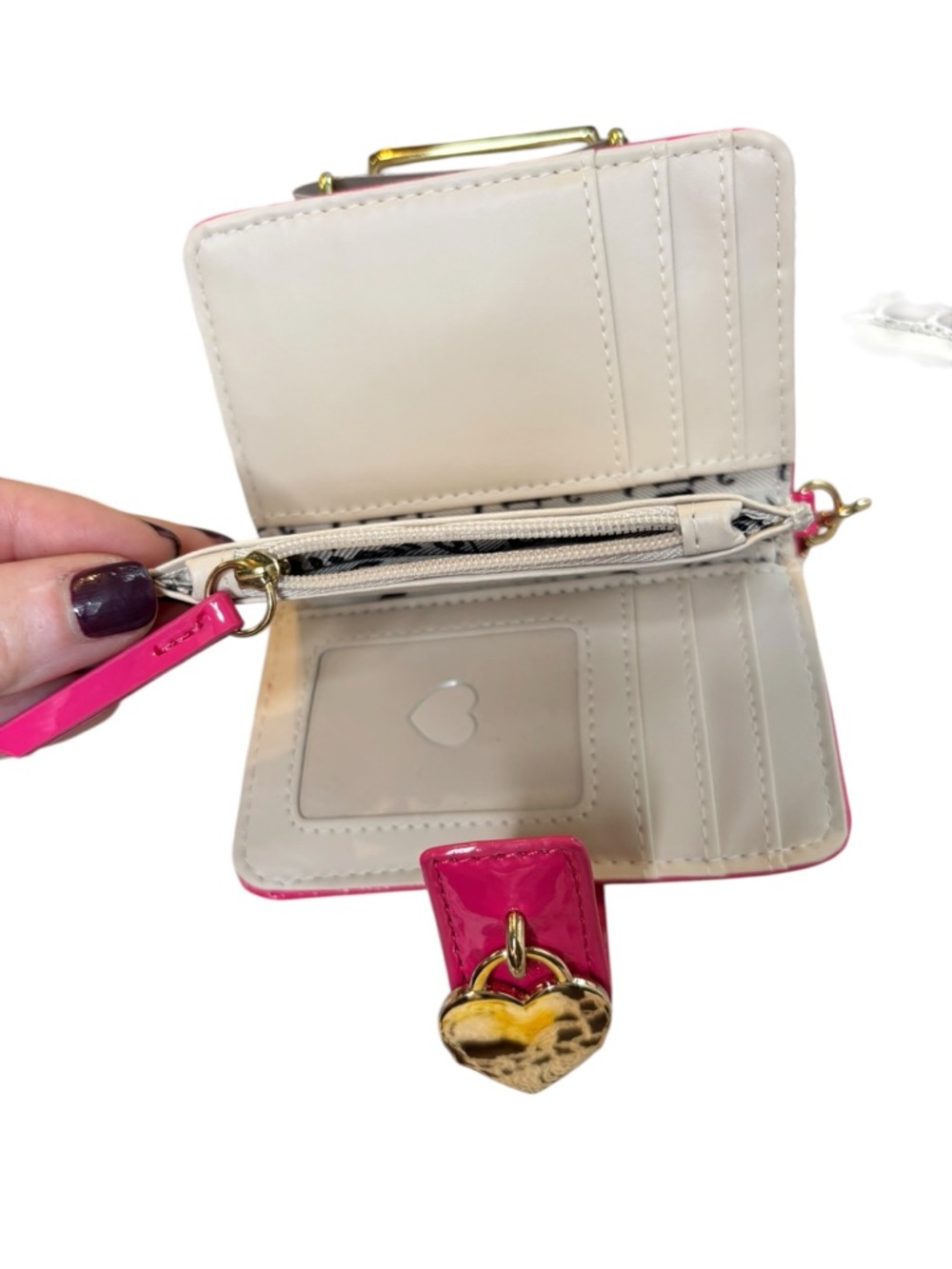 Juicy Couture Hot Pink Mini Wallet Keychain, Heart Charm Zip Coin - Picture 5 of 7